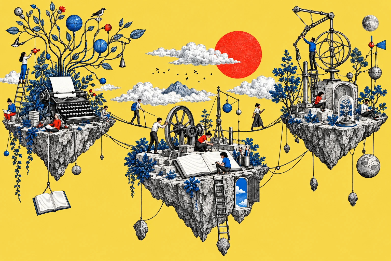 An illustrated landscape of connected research islands, with people shaping tools, ideas and working environments