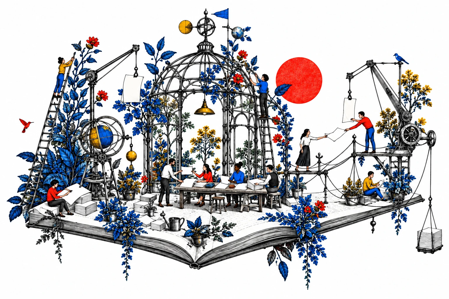 People sharing ideas in a garden of notebooks and connected workspaces