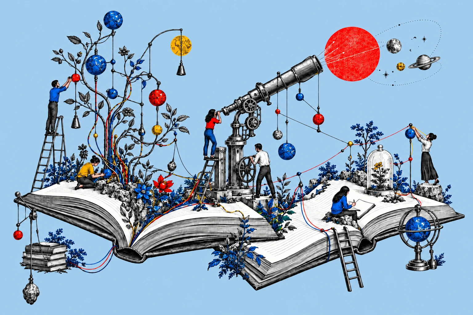 People exploring ideas and adjusting research instruments on an open book