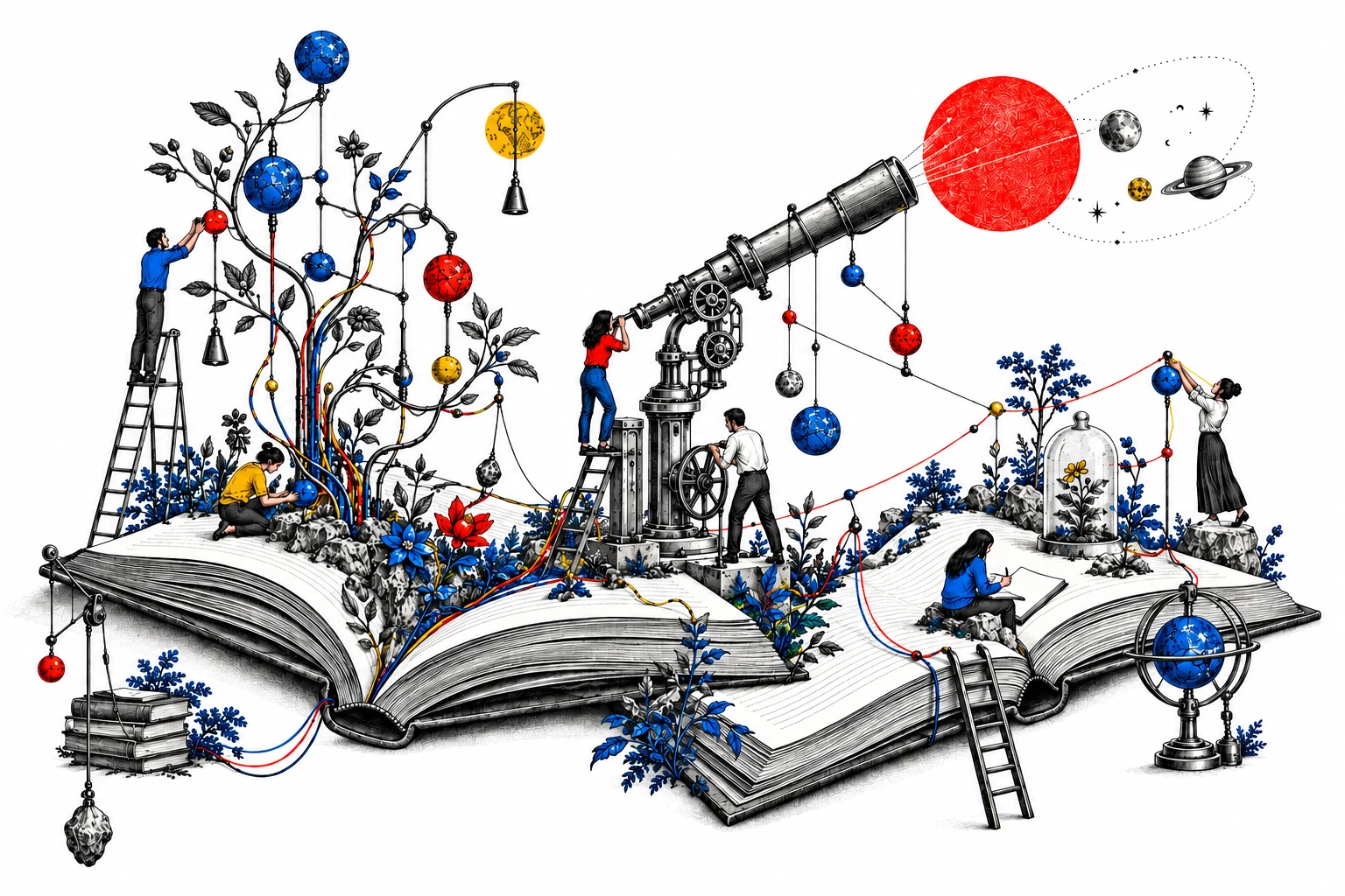 An imaginative illustration of people shaping knowledge and work